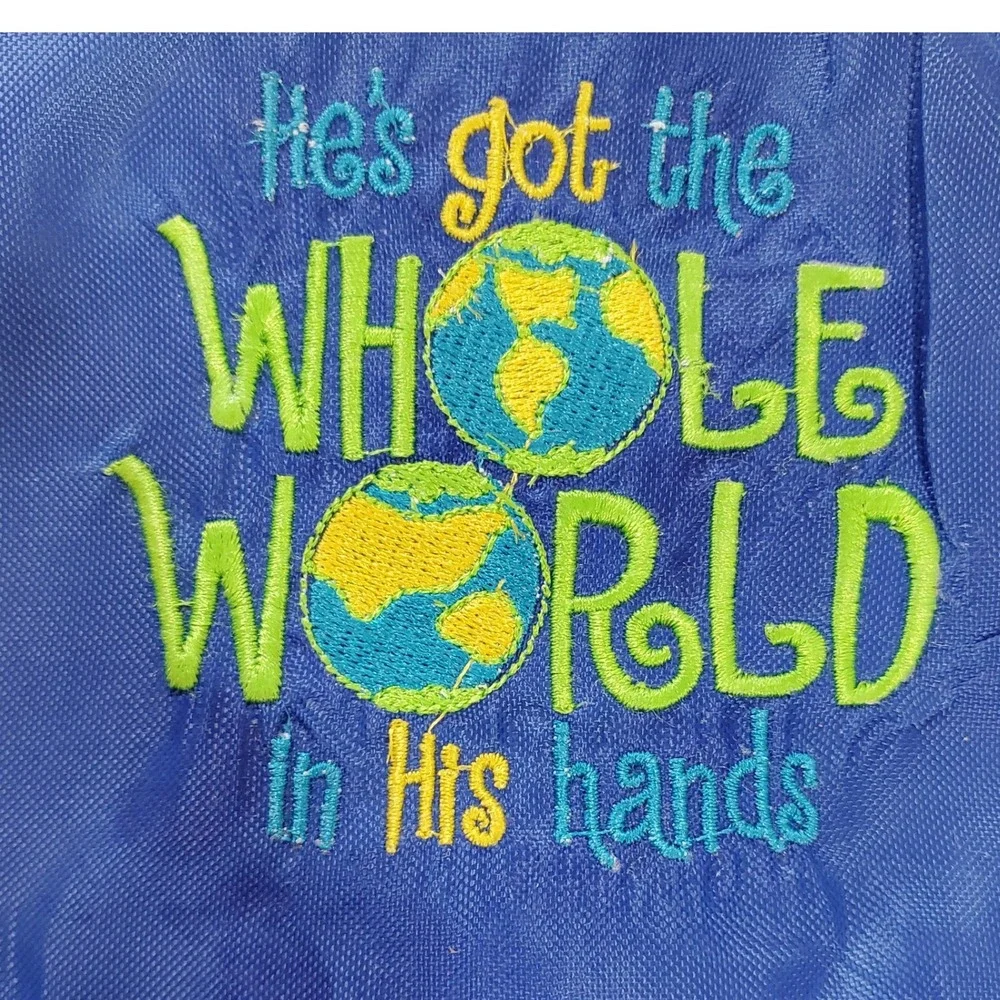 Blue Religious Embroidered Backpack Hes Got the Whole World in His Hands Bag